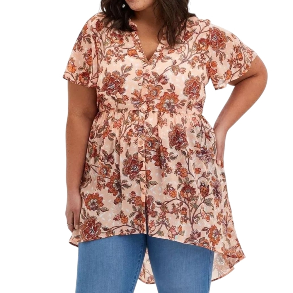 Torrid | Floral Paisley Lexie Hi-Lo Babydoll Chiffon Tunic Peach